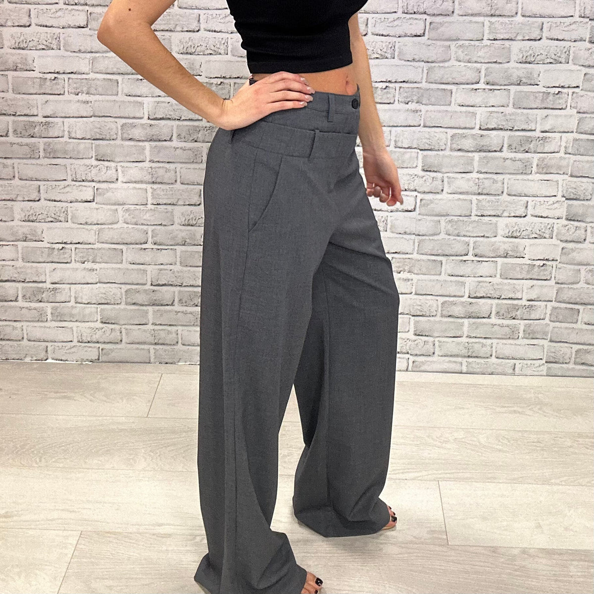 Charcoal Double Waistband Peached Tailored Pants