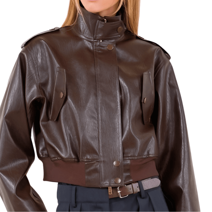 Faux Leather Bomber Jacket - Dark Brown