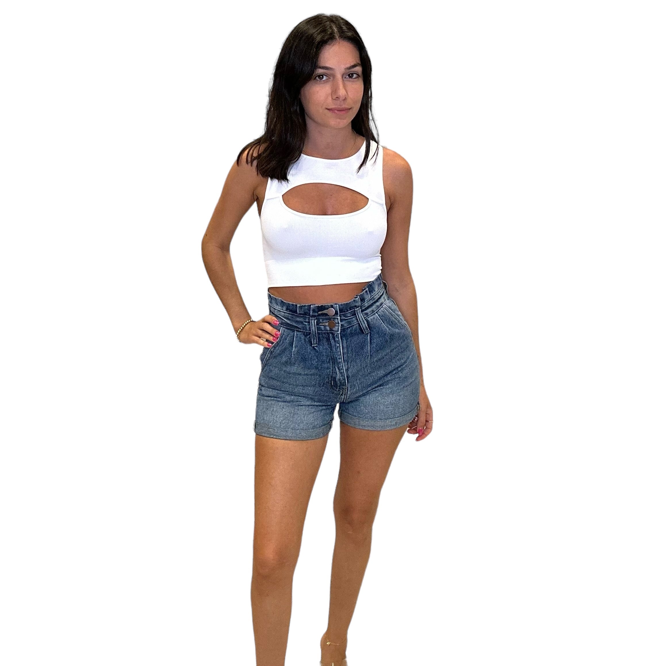 High fashion waisted paperbag denim shorts