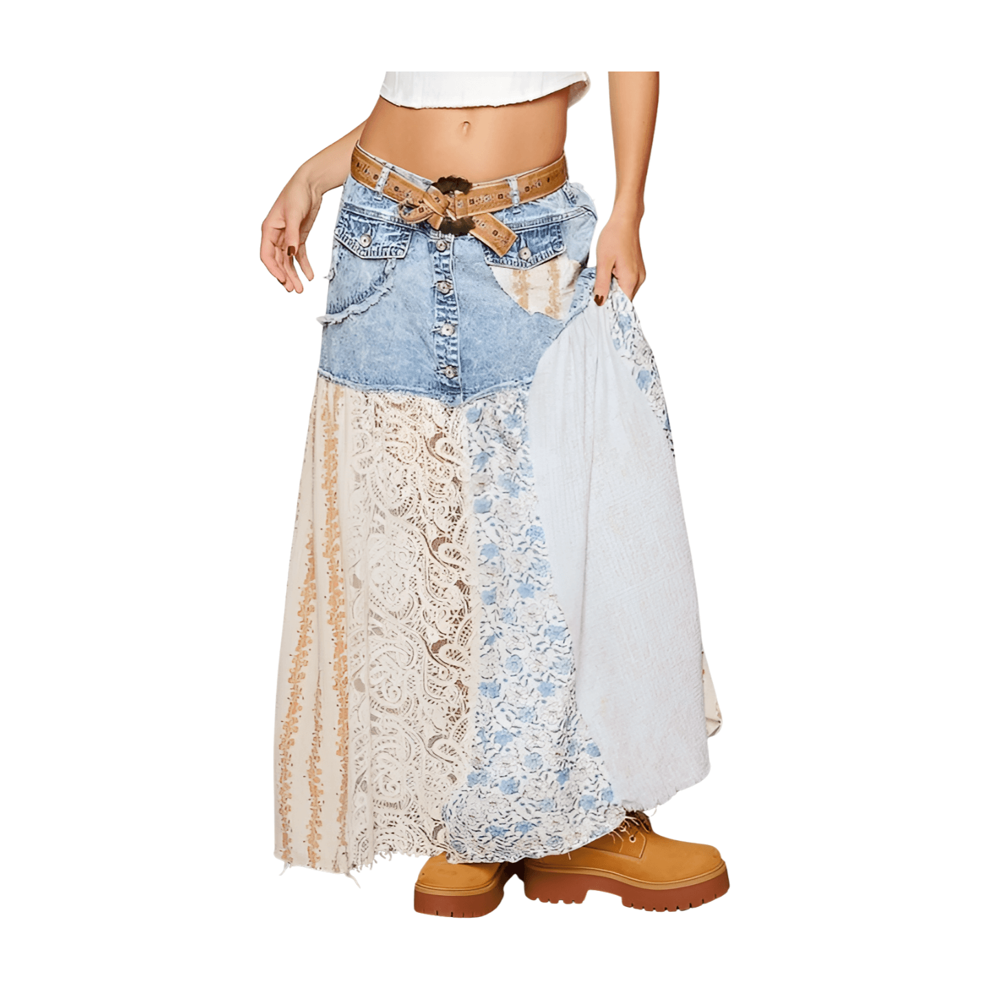 Flirty Denim Lace Floral Skirt with A-line silhouette and button closure, featuring mixed fabrics and lace accents.