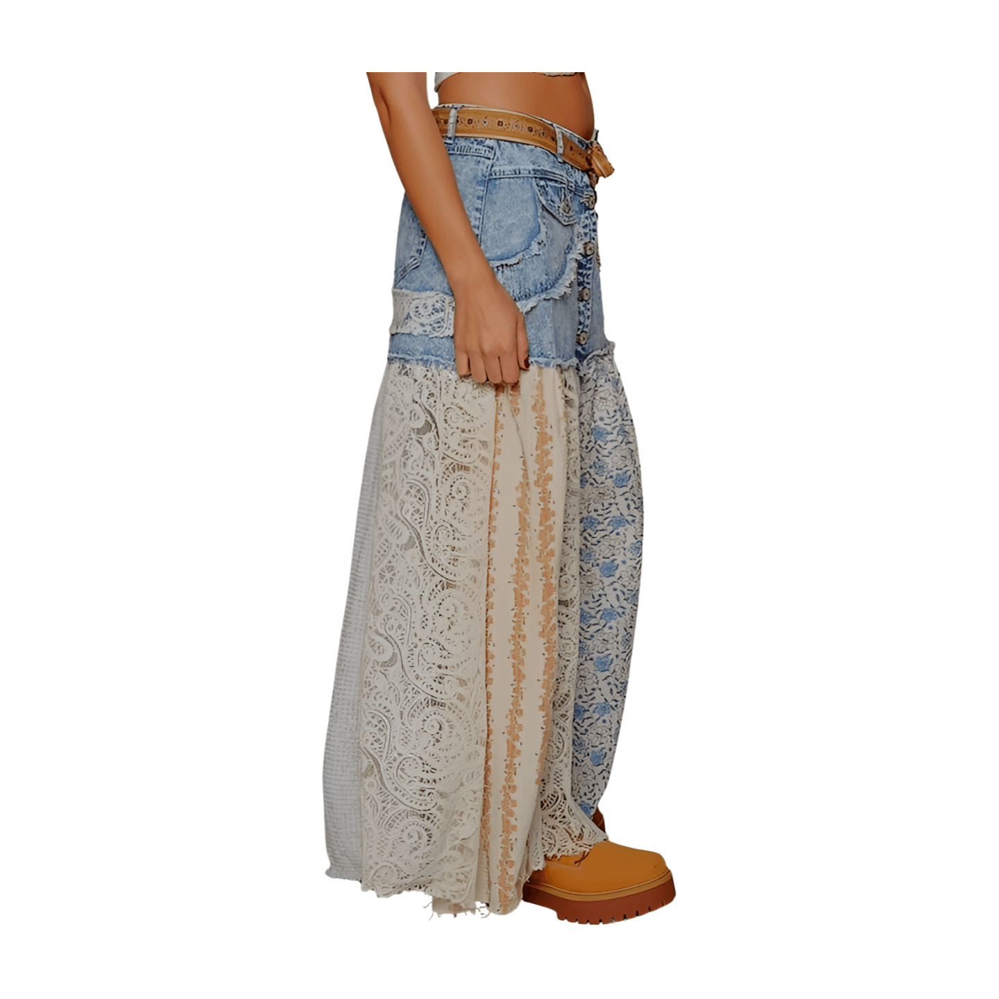 Side view of Denim Lace Floral Skirt featuring denim and lace combined in a playful A-line silhouette.