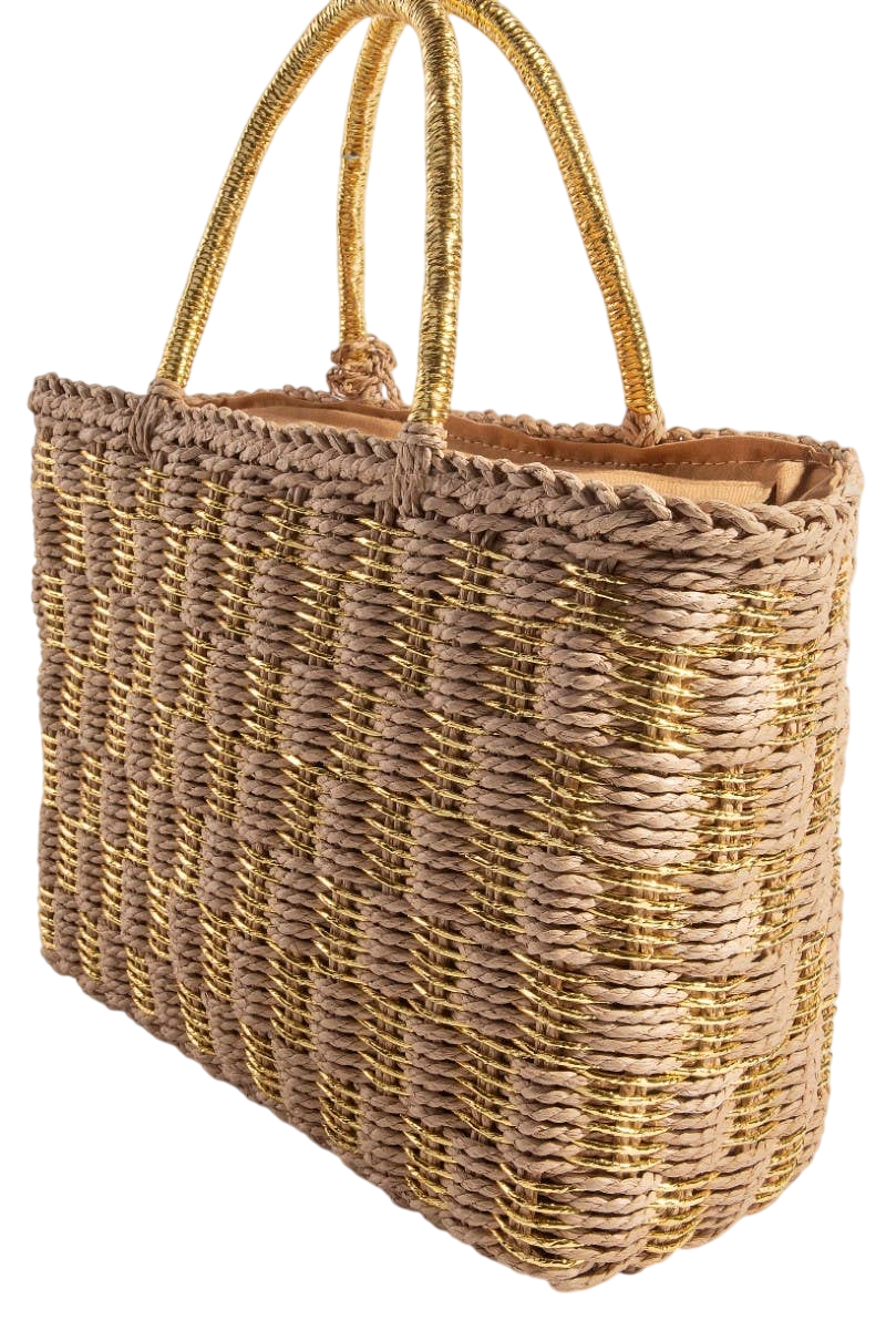 Metallic Checkered Straw Braided Handbag