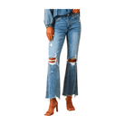 Mid rise cropped flare jeans in light wash with distressed knee and hem details, paired with stylish heels.