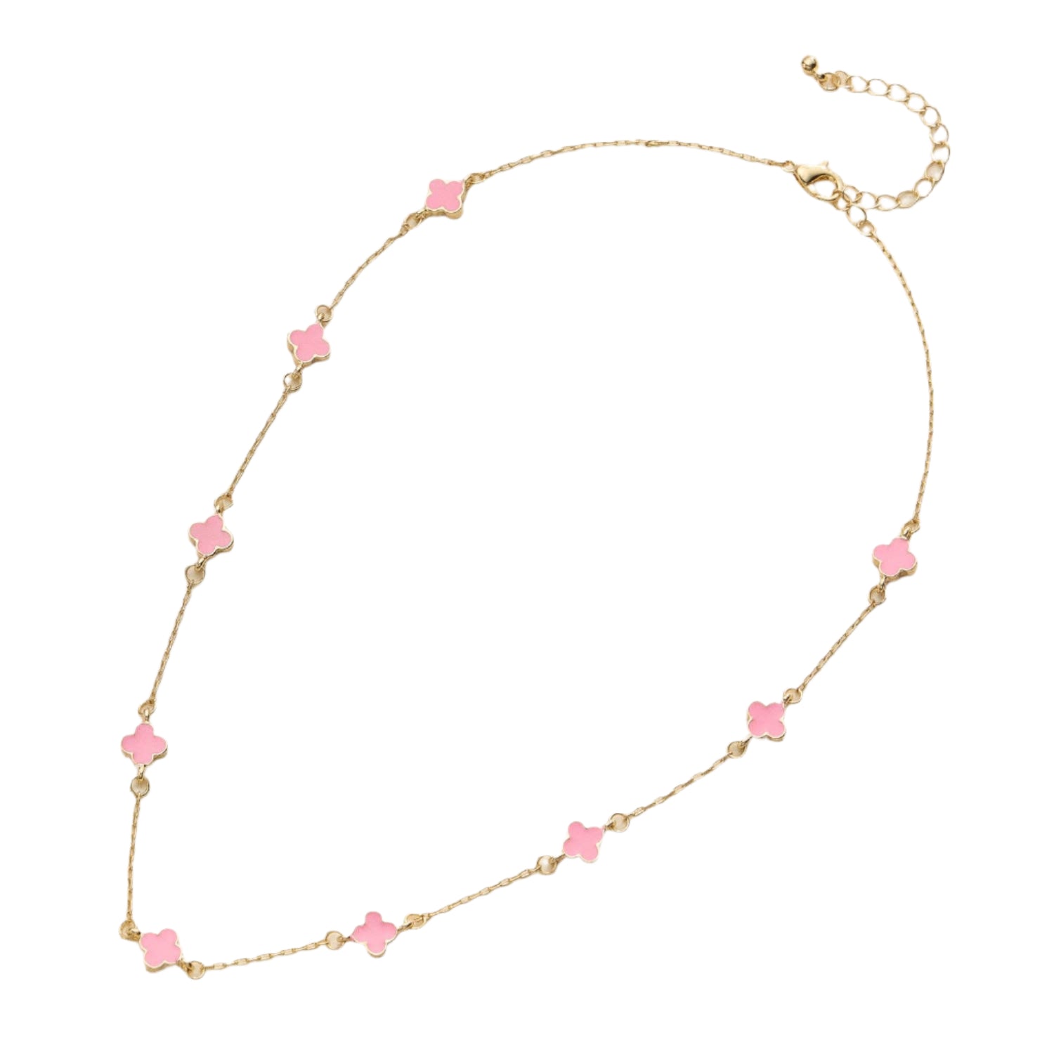 Gold Enamel Clover Charm Necklace - Pink