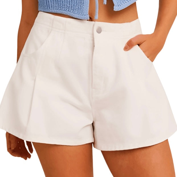 Pleated Detail Denim Shorts - Ivory