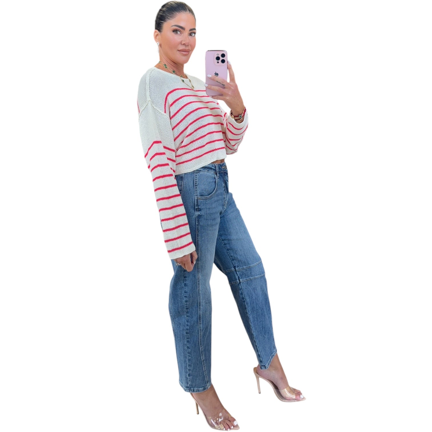 Chic Striped Knit Crewneck Sweater - Red