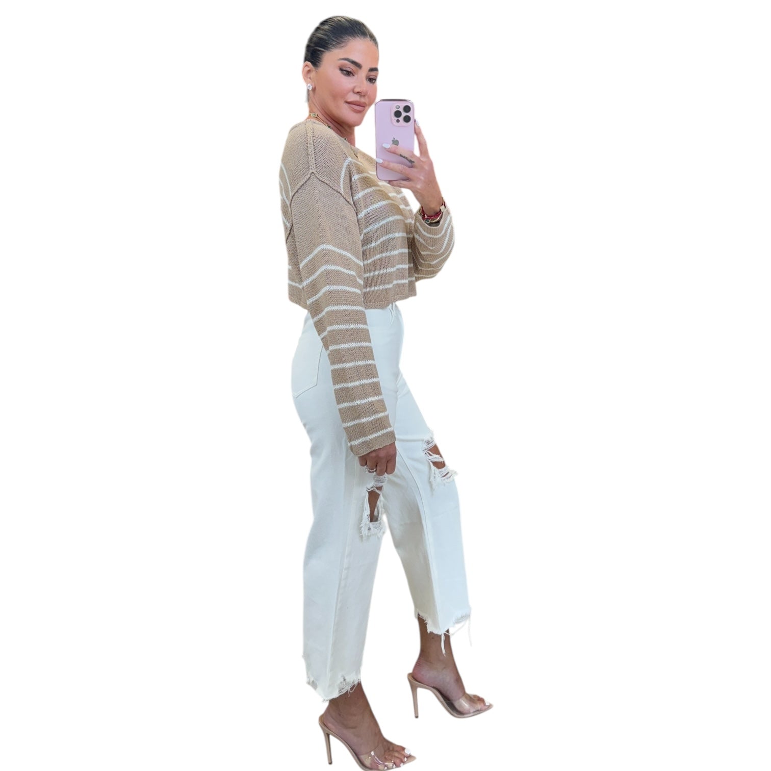 Chic Striped Knit Crewneck Sweater - Khaki