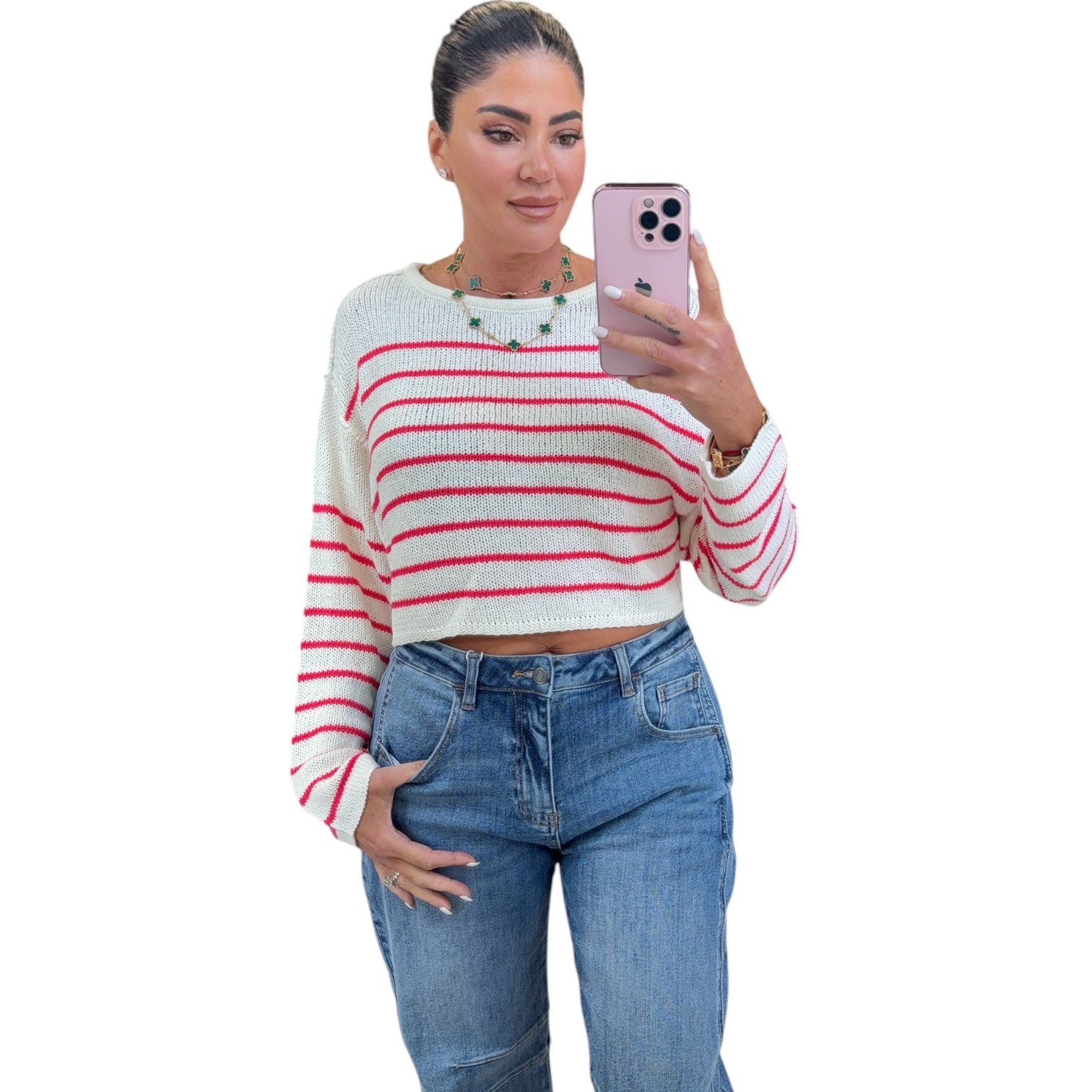 Chic Striped Knit Crewneck Sweater - Red