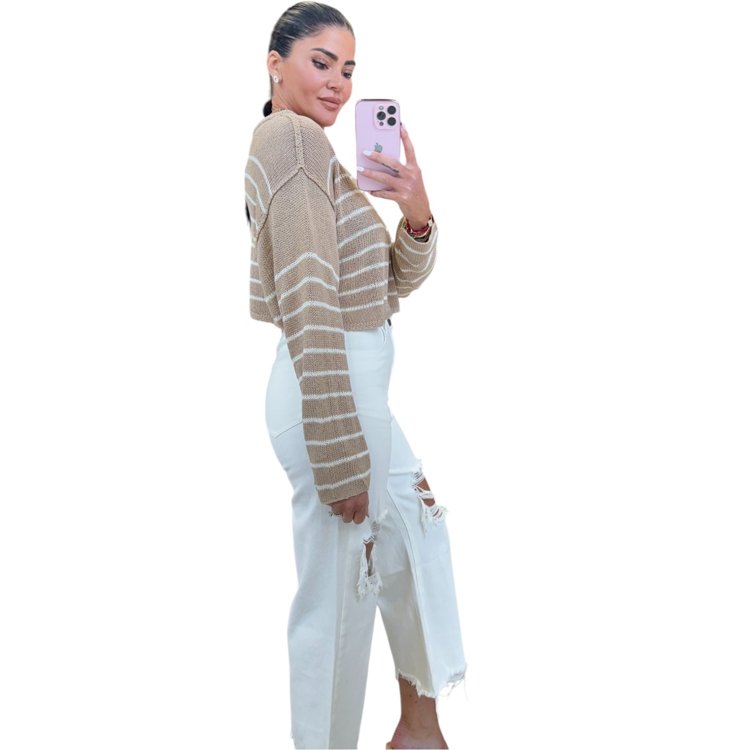 Chic Striped Knit Crewneck Sweater - Khaki