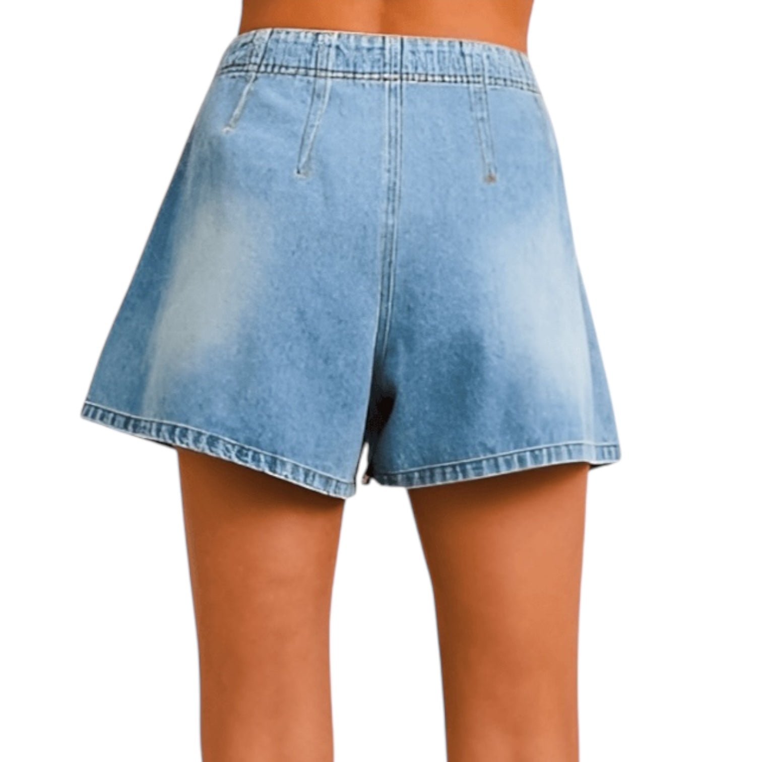 Pleated Detail Denim Shorts - Classic Blue