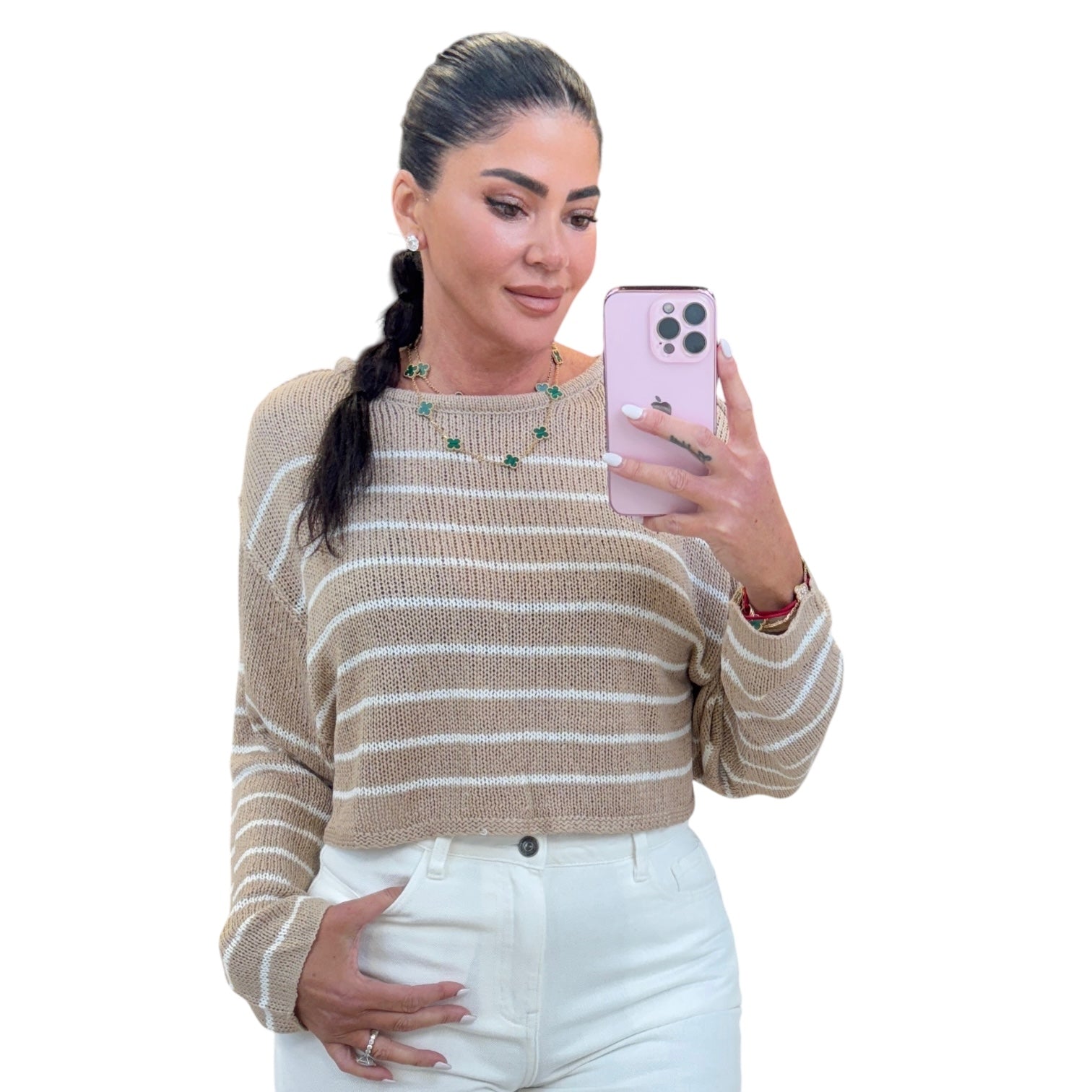 Chic Striped Knit Crewneck Sweater - Khaki