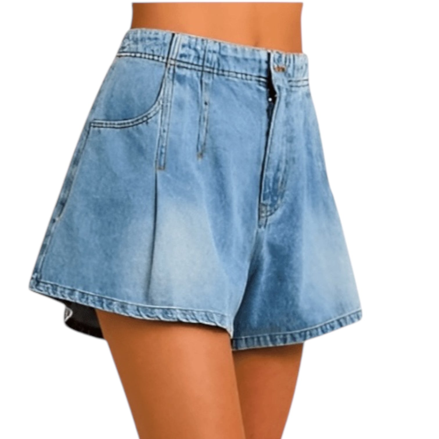 Pleated Detail Denim Shorts - Classic Blue