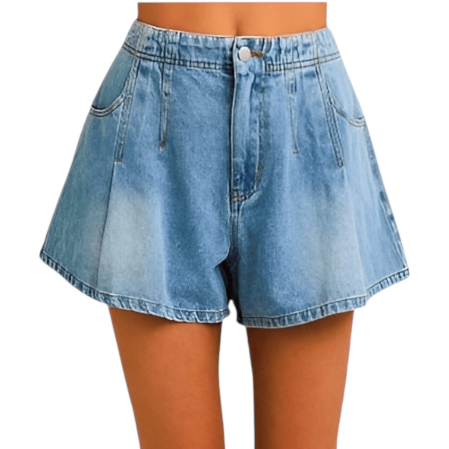 Pleated Detail Denim Shorts - Classic Blue