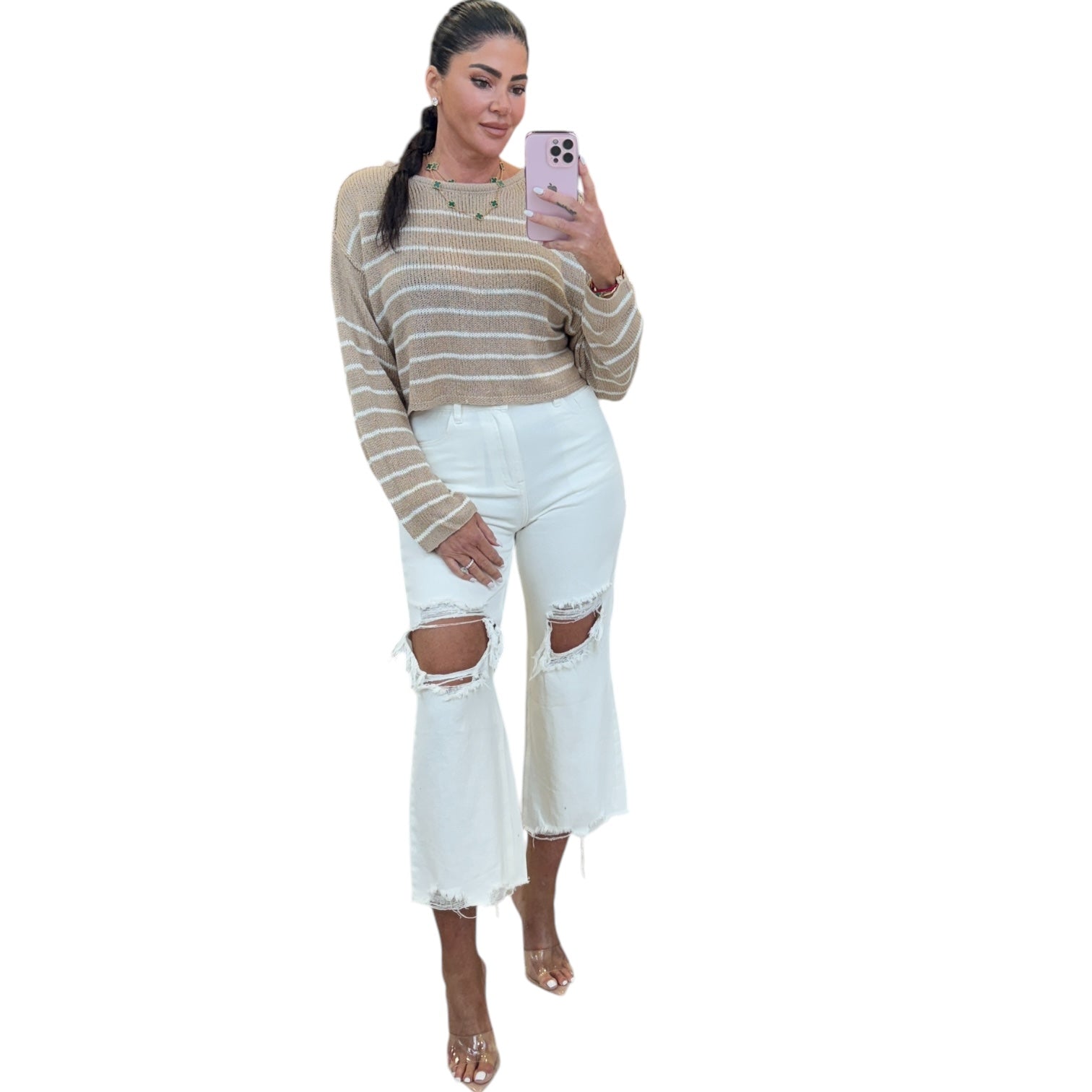 Chic Striped Knit Crewneck Sweater - Khaki