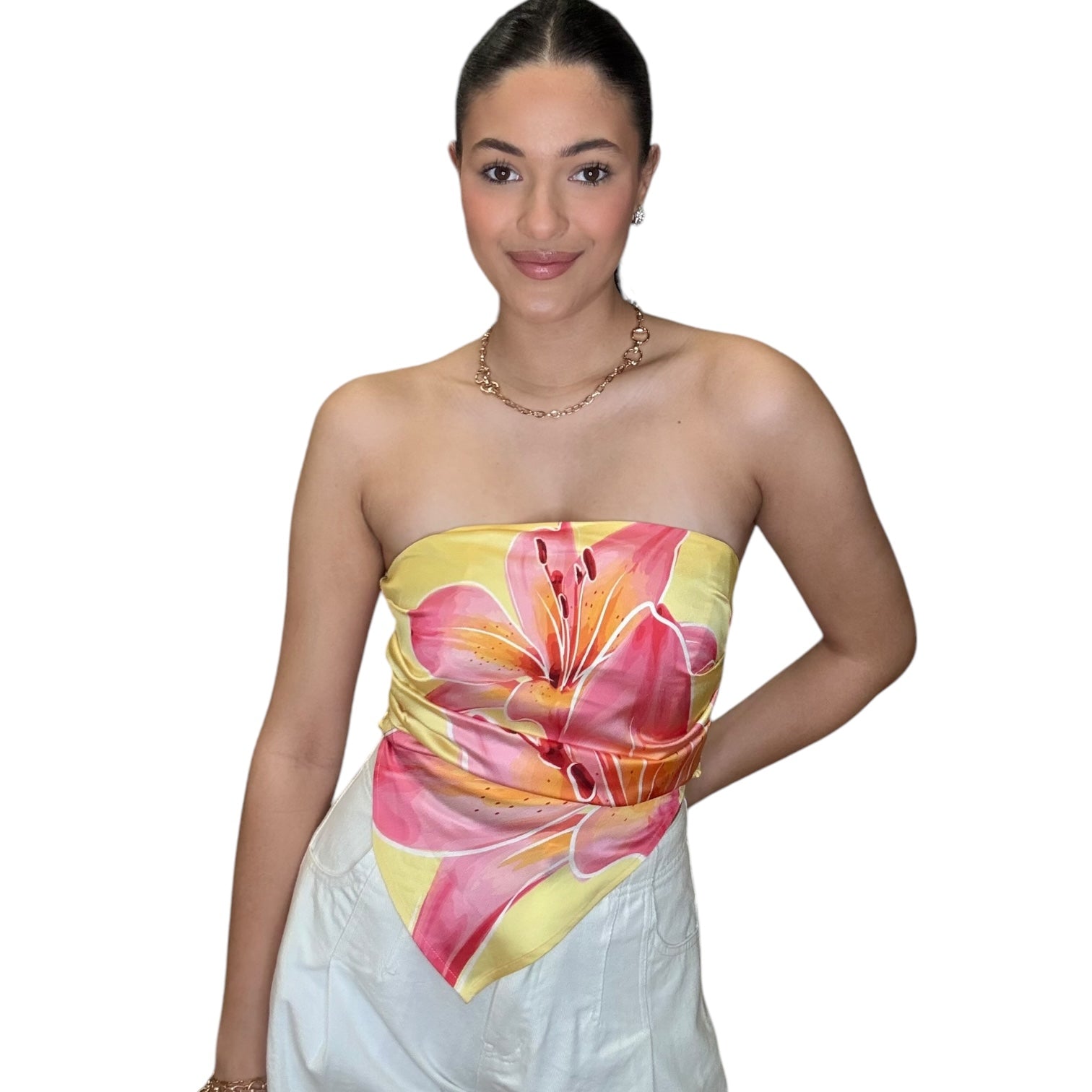 Strapless satin scarf top in pink floral design, perfect for versatile summer styling.