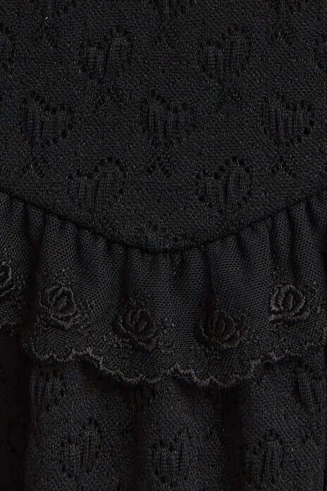 Close-up of eyelet and ruffle details on a black mini dress fabric, showcasing intricate design elements.